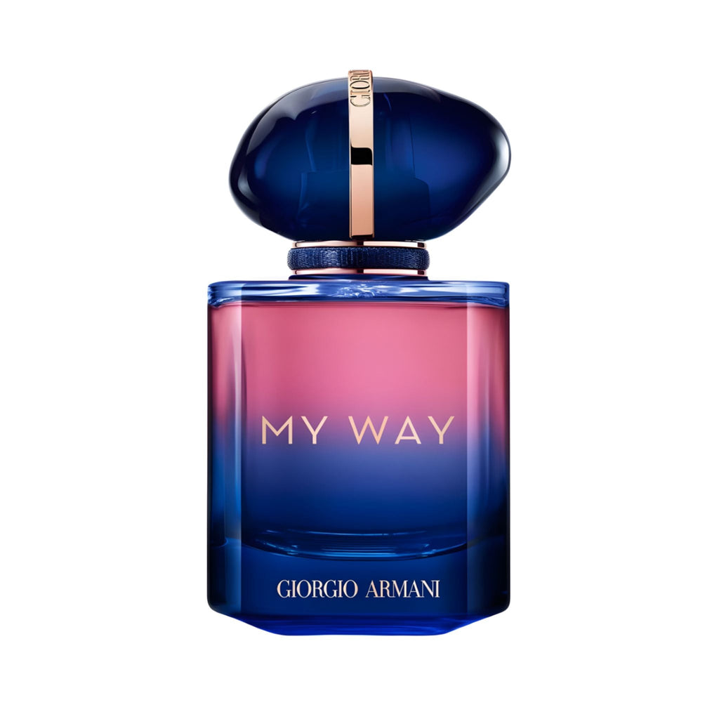 Refect Beauty Giorgio Armani My Way Le Parfum bottle with blue and pink glass and a dark blue stone-shaped cap.