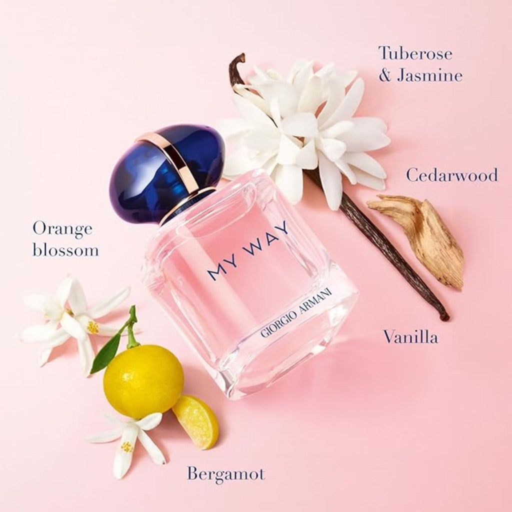 Refect Beauty Giorgio Armani My Way perfume bottle surrounded by bergamot, orange blossom, tuberose, and vanilla notes.