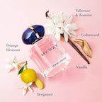 Refect Beauty Giorgio Armani My Way perfume bottle surrounded by bergamot, orange blossom, tuberose, and vanilla notes.