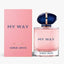 Refect Beauty Giorgio Armani My Way refillable eau de parfum bottle and pink box with blue cap and floral scent.