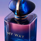 Refect Beauty Giorgio Armani My Way Le Parfum bottle with blue glass and gold accents against a gradient background