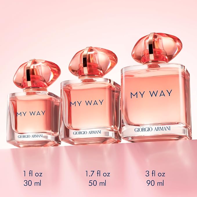 Refect Beauty Giorgio Armani My Way Ylang perfume bottles in 30ml, 50ml, and 90ml sizes on a pink background.