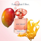 Refect Beauty Giorgio Armani My Way Ylang perfume bottle surrounded by a fresh mango and yellow ylang-ylang flower