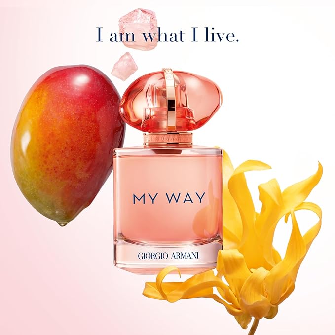Refect Beauty Giorgio Armani My Way Ylang perfume bottle surrounded by a fresh mango and yellow ylang-ylang flower