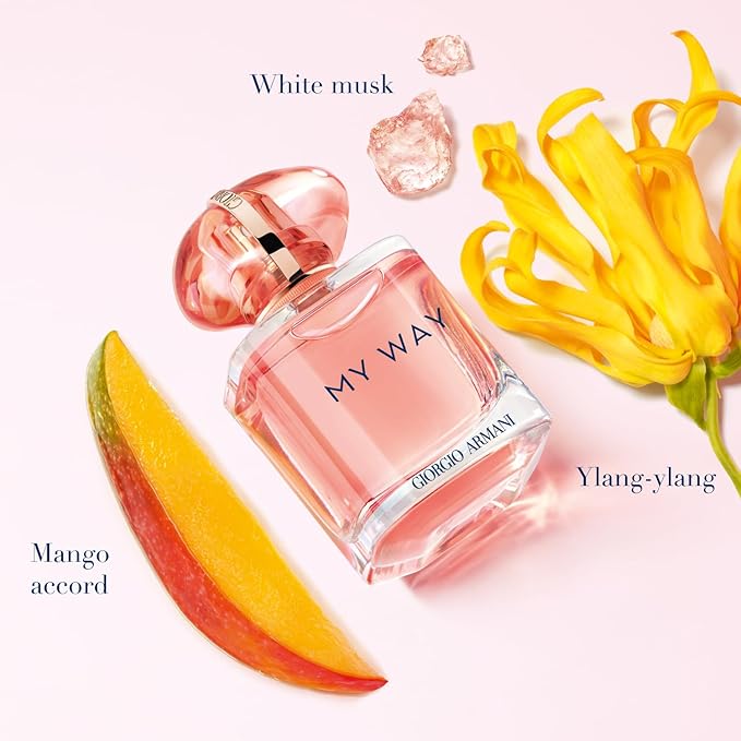 Refect Beauty Giorgio Armani My Way Ylang perfume bottle surrounded by ylang-ylang flowers, mango, and white musk.