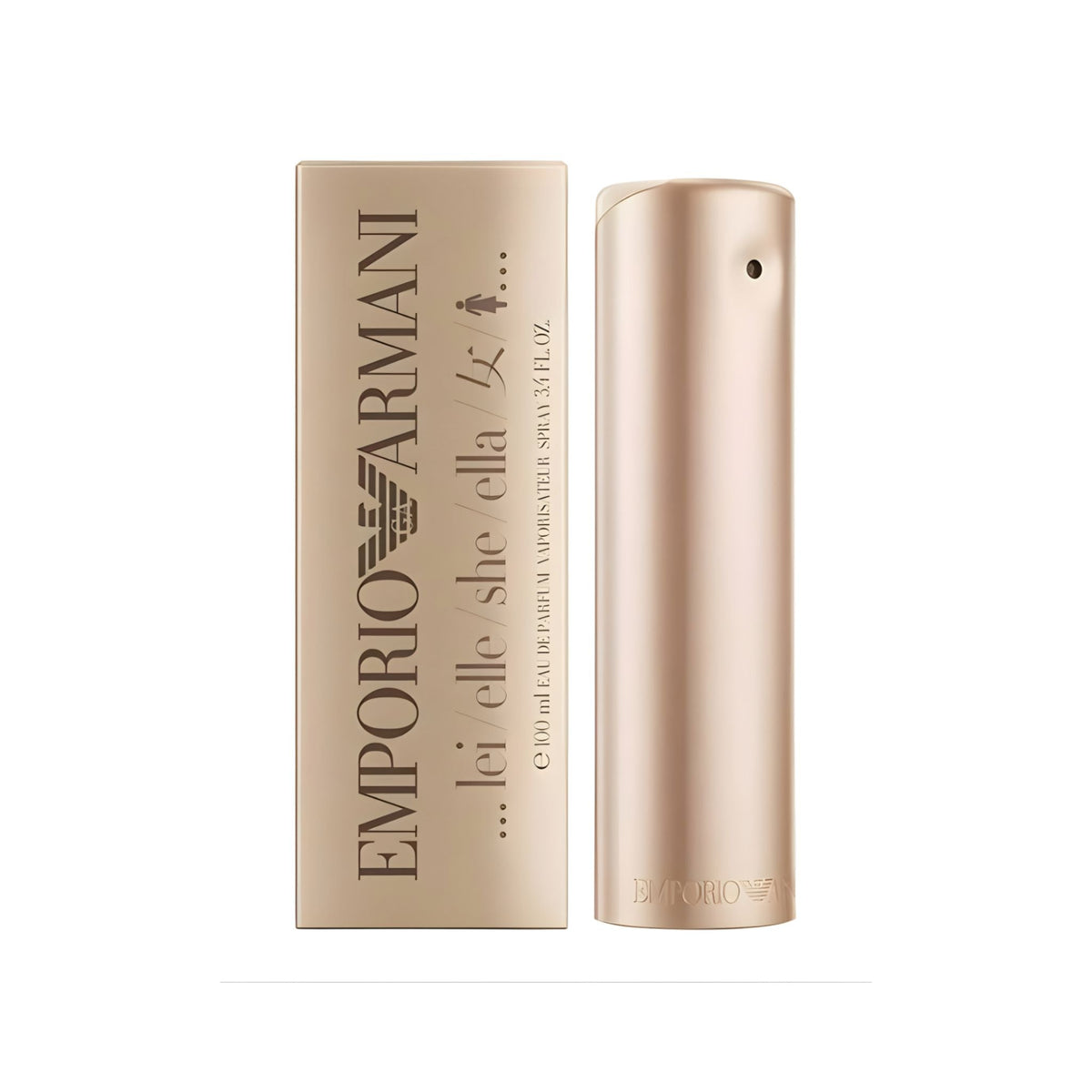 Refect Beauty Giorgio Armani She Eau de Parfum bottle and gold packaging featuring elegant minimalist design