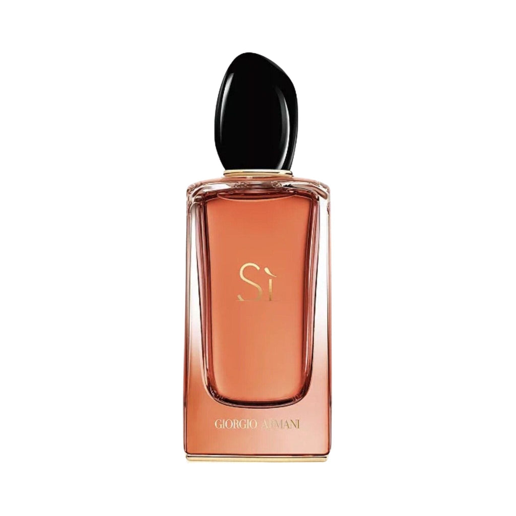Refect Beauty Giorgio Armani Si Intense Eau de Parfum in a sleek glass bottle with a black cap and amber liquid.