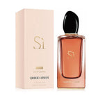 Refect Beauty Giorgio Armani Si Intense Eau de Parfum bottle and box, featuring a warm amber scent and black cap.
