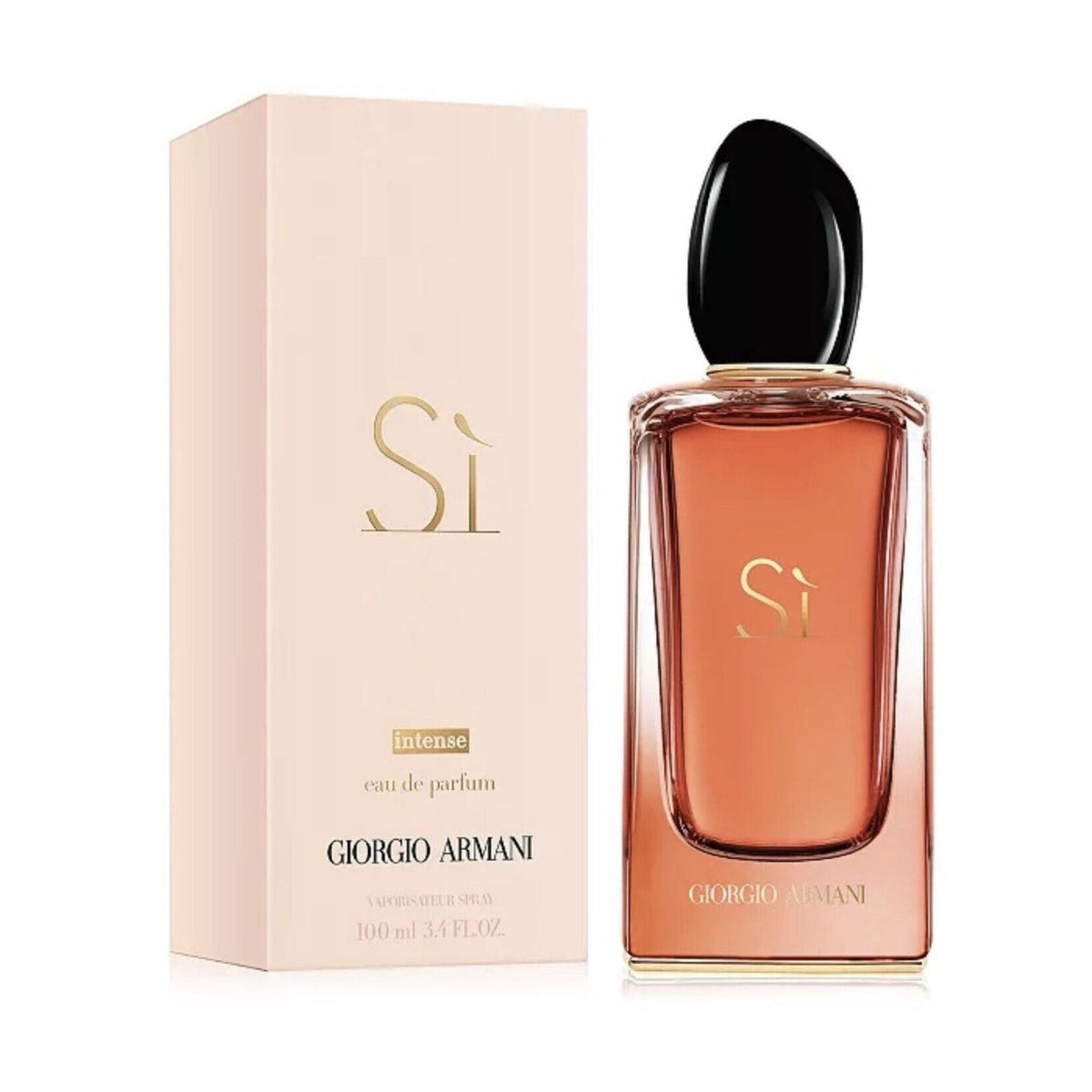 Refect Beauty Giorgio Armani Si Intense Eau de Parfum bottle and box, featuring a warm amber scent and black cap.
