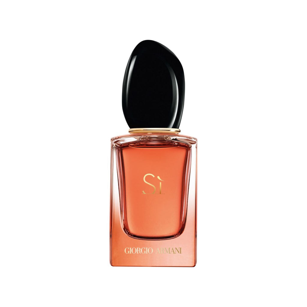 Refect Beauty Giorgio Armani Si Intense Eau de Parfum in a sleek glass bottle with a black cap and amber liquid.