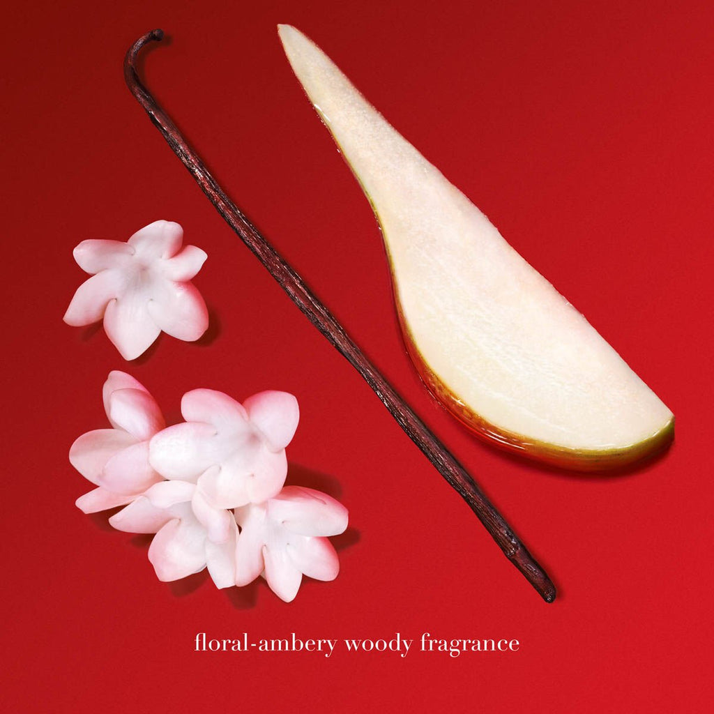 Refect Beauty Giorgio Armani Si Passione fragrance ingredients featuring a pear slice, vanilla bean, and white flowers