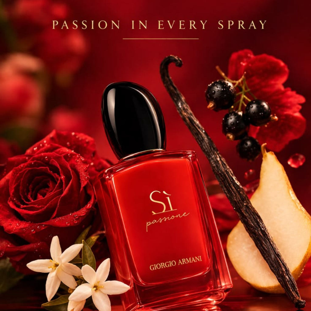 Refect Beauty Giorgio Armani Si Passione perfume bottle surrounded by red roses, blackcurrants, pear, and vanilla bean.