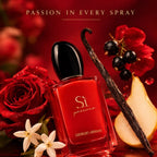 Refect Beauty Giorgio Armani Si Passione perfume bottle surrounded by red roses, blackcurrants, pear, and vanilla bean.