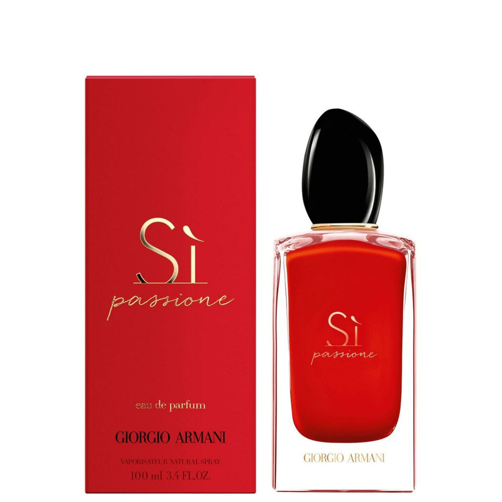 Refect Beauty Giorgio Armani Si Passione Eau de Parfum in a vibrant red glass bottle with a black cap and box.