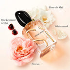 Refect Beauty Giorgio Armani Si Eau de Parfum bottle surrounded by blackcurrant, rose, and freesia floral accents.