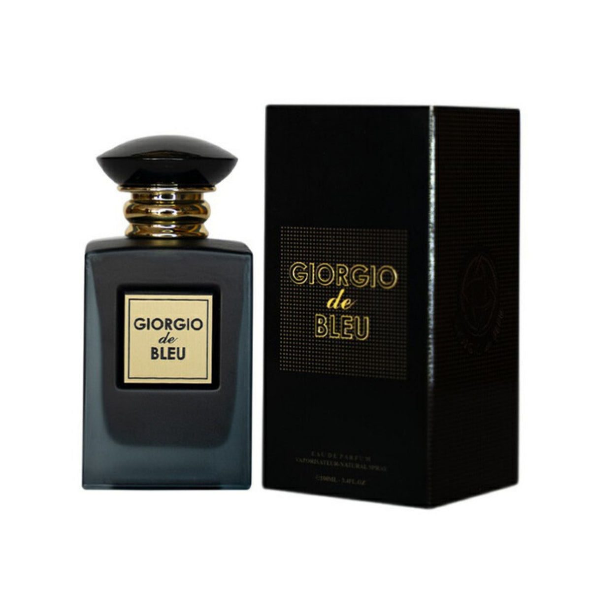 Refect Beauty Giorgio De Blue Eau de Parfum bottle and black box packaging with gold lettering