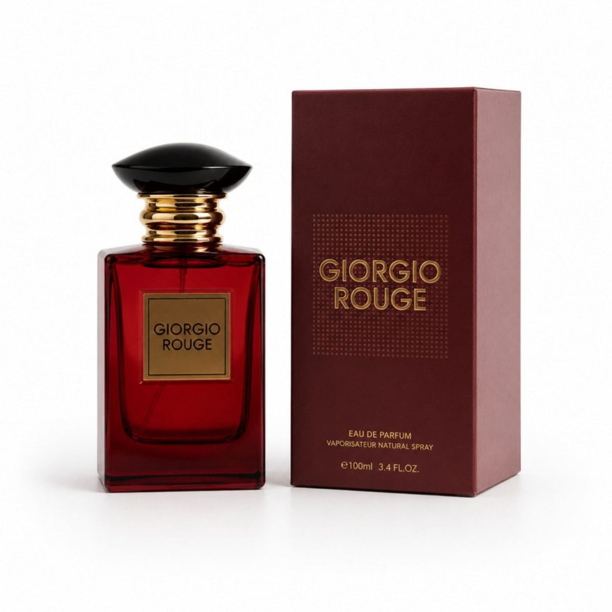Refect Beauty Giorgio Rouge unisex eau de parfum in a deep red glass bottle with a black cap next to its box.