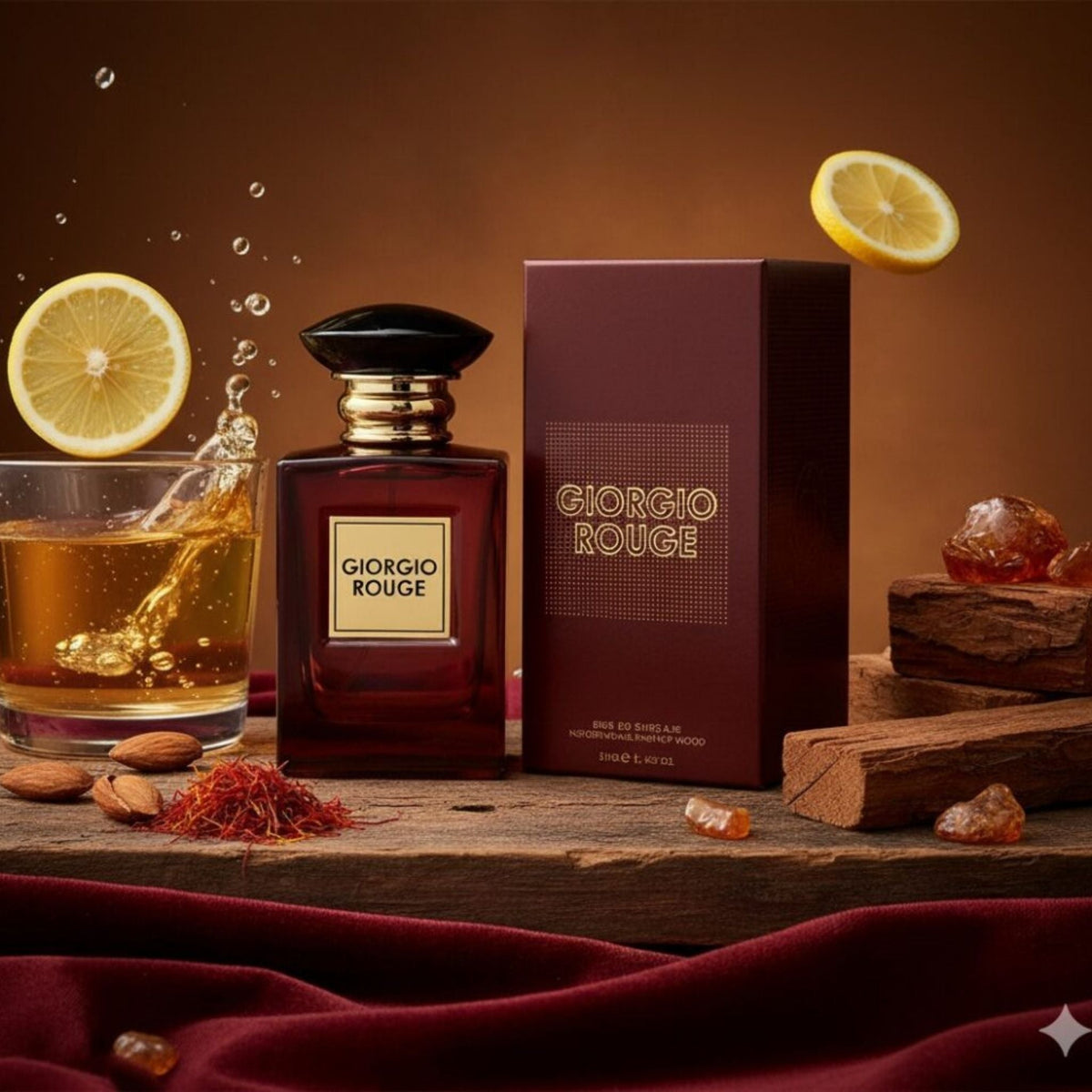 Refect Beauty Giorgio Rouge unisex eau de parfum bottle and box with lemon, wood, and spice on a rustic wooden table.