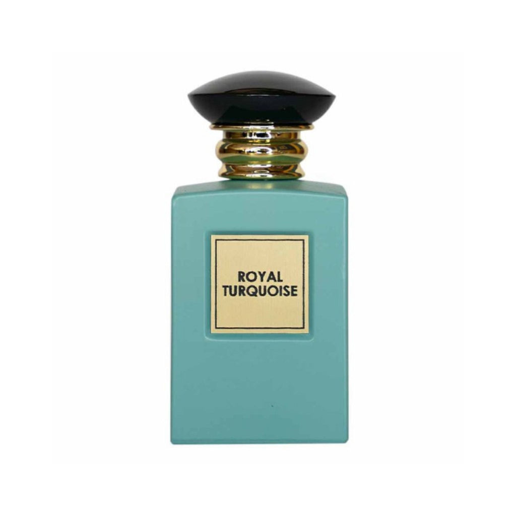 Refect Beauty Giorgio Royal Turquoise Eau de Parfum in a rectangular turquoise bottle with a black and gold cap.