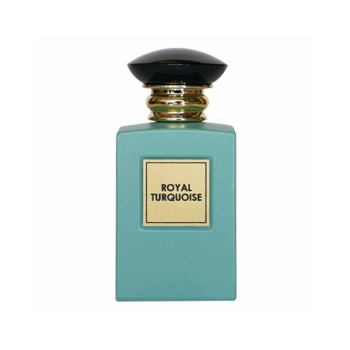 Refect Beauty Giorgio Royal Turquoise Eau de Parfum in a rectangular turquoise bottle with a black and gold cap.