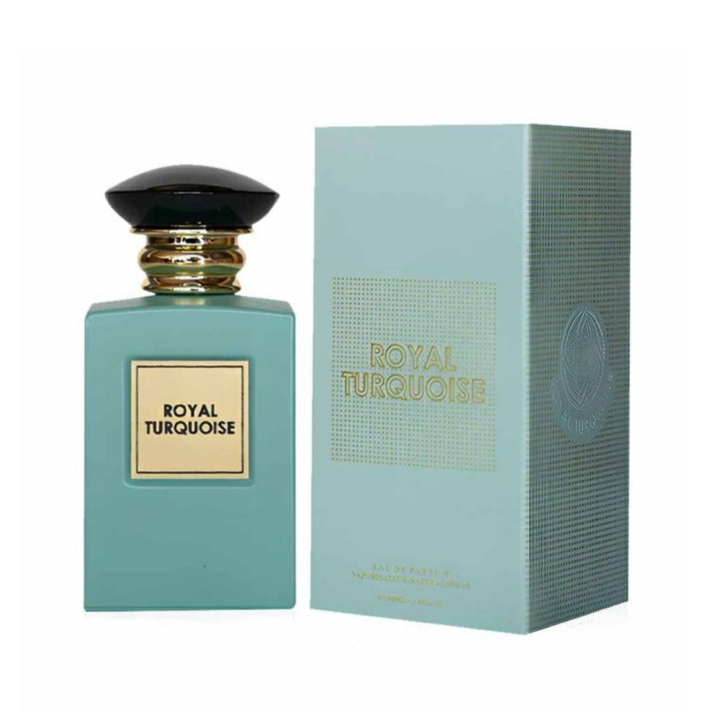 Refect Beauty Giorgio Royal Turquoise Eau de Parfum bottle and box in a fresh turquoise colour with gold accents.