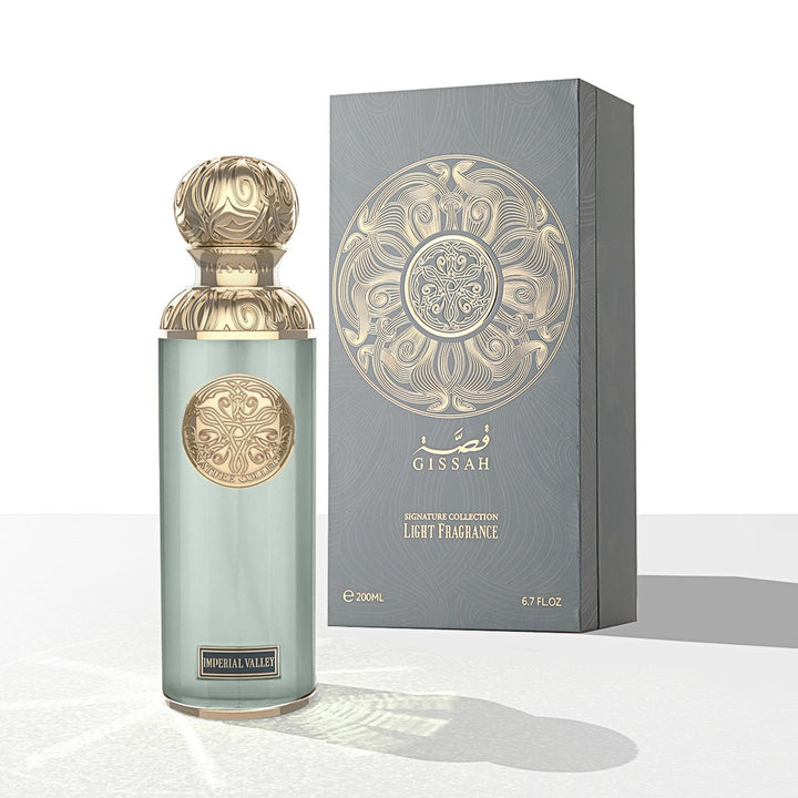 Refect Beauty GISSAH Imperial Valley unisex perfume bottle with ornate gold cap and matching grey gift box