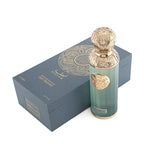 Refect Beauty GISSAH Imperial Valley unisex fragrance bottle with ornate gold cap next to its elegant blue gift box