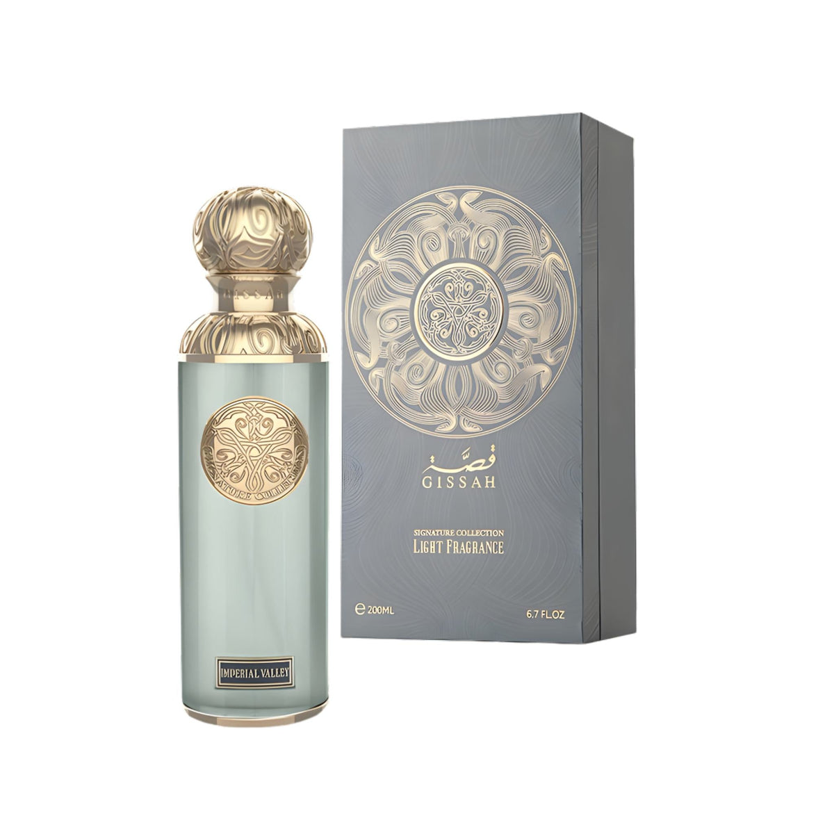 Refect Beauty GISSAH Imperial Valley unisex fragrance bottle with ornate gold cap and matching grey gift box