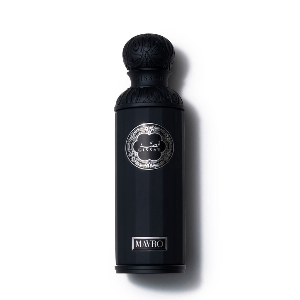 Refect Beauty Gissah Mavro Eau de Parfum in a sleek black bottle with intricate silver detailing and a textured cap.