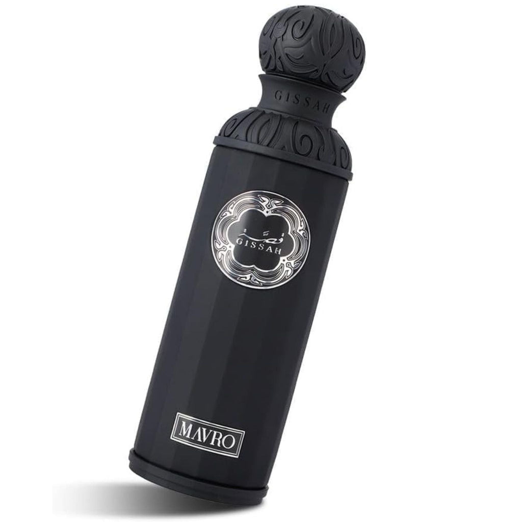 Refect Beauty Gissah Mavro unisex eau de parfum in a sleek black bottle with intricate silver and embossed detailing.