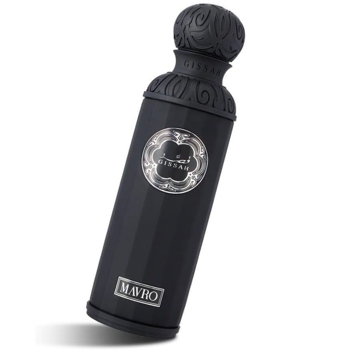 Refect Beauty Gissah Mavro unisex eau de parfum in a sleek black bottle with intricate silver and embossed detailing.