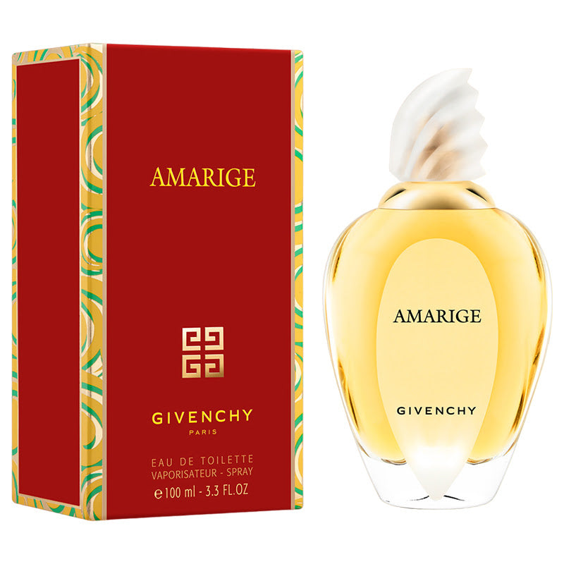 Refect Beauty Givenchy Amarige Eau de Toilette perfume bottle and red patterned box featuring floral fragrance notes