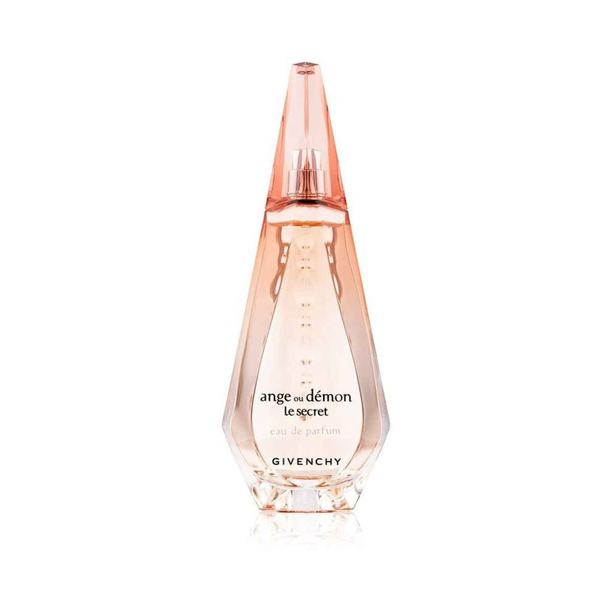 Refect Beauty Givenchy Ange Ou Demon Le Secret eau de parfum in a tall, faceted, pale pink glass bottle.