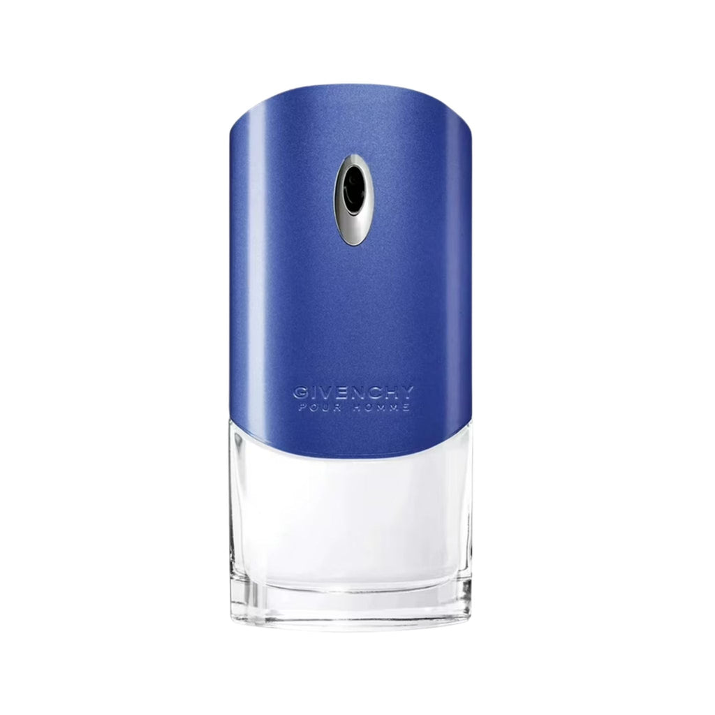 Refect Beauty Givenchy Pour Homme Blue Label Eau de Toilette bottle with a vibrant blue cap and clear glass base.