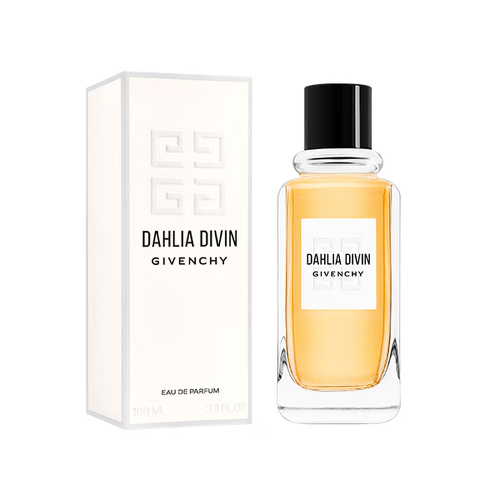 Refect Beauty Givenchy Dahlia Divin Eau de Parfum bottle and white box packaging featuring a golden floral fragrance.