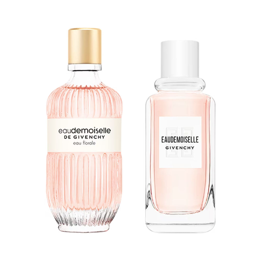 Refect Beauty Givenchy Eaudemoiselle Florale perfume bottles with soft pink liquid and elegant glass designs