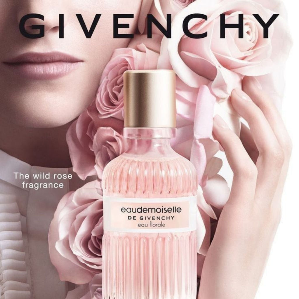Refect Beauty Givenchy Eaudemoiselle Florale perfume bottle with soft pink rose petals and elegant feminine aesthetic