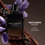Refect Beauty Givenchy Gentleman Boisée Eau de Parfum bottle surrounded by iris flowers, sandalwood, and black pepper.