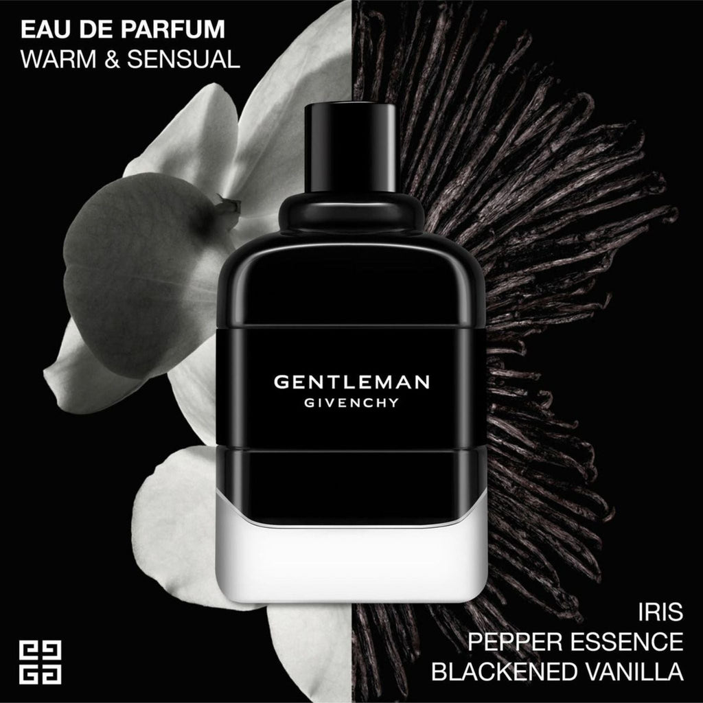 Refect Beauty Givenchy Gentleman Eau de Parfum bottle featuring iris and vanilla accents on a dark background