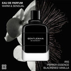 Refect Beauty Givenchy Gentleman Eau de Parfum bottle featuring iris and vanilla accents on a dark background