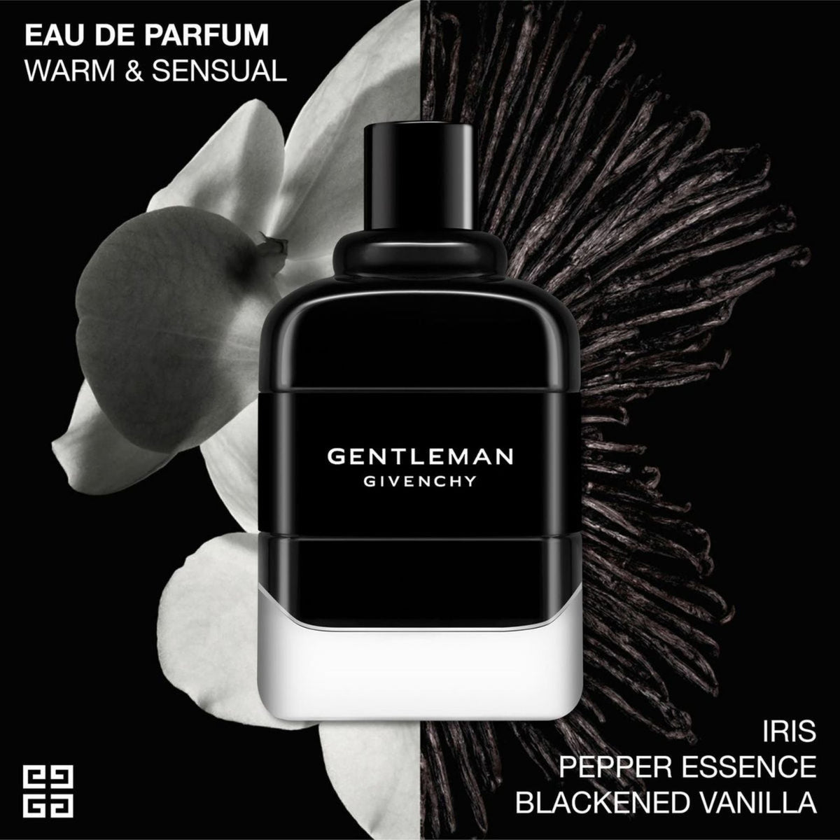 Refect Beauty Givenchy Gentleman Eau de Parfum bottle featuring iris and vanilla accents on a dark background
