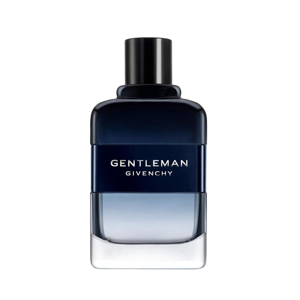 Refect Beauty Givenchy Gentleman Intense Eau de Toilette in a sleek dark blue to clear glass bottle for men.