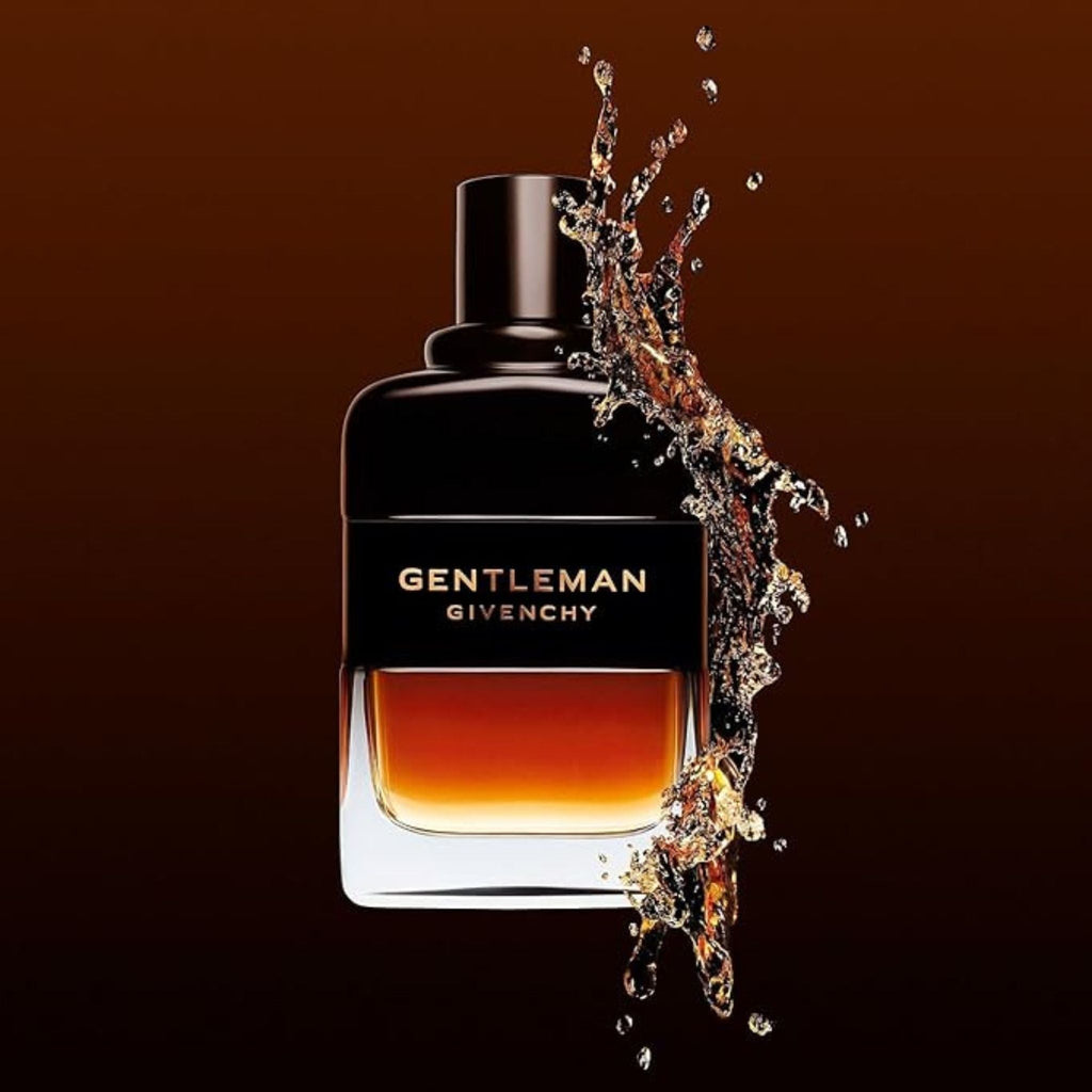 Refect Beauty Givenchy Gentleman Reserve Privée Eau de Parfum bottle with a dramatic whisky splash effect.