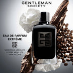 Refect Beauty Givenchy Gentleman Society Eau de Parfum Extrême bottle with coffee beans, wood, and white flowers