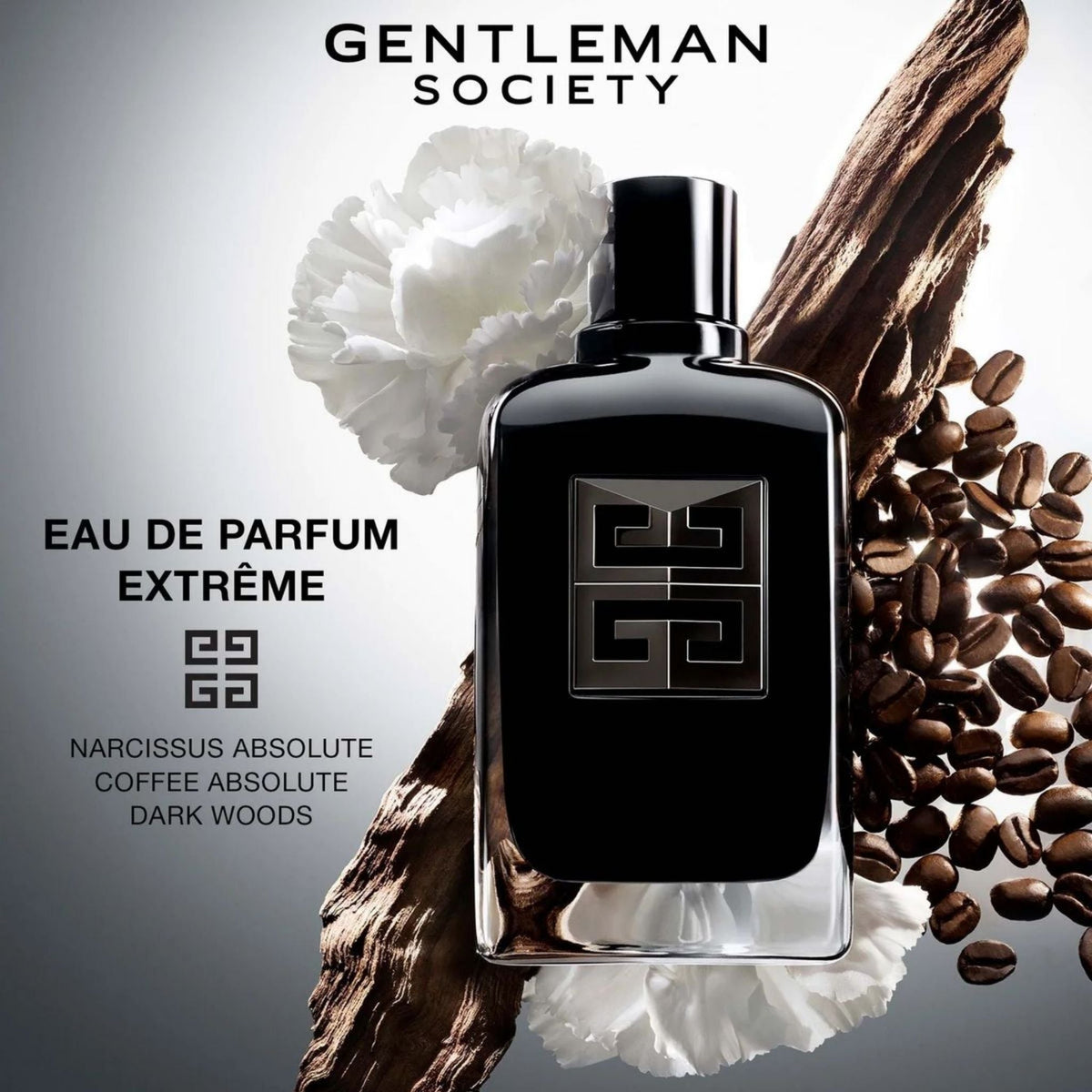 Refect Beauty Givenchy Gentleman Society Eau de Parfum Extrême bottle with coffee beans, wood, and white flowers