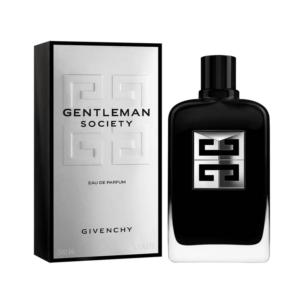 Refect Beauty Givenchy Gentleman Society Eau de Parfum bottle and silver box packaging with black logo details.