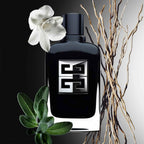 Refect Beauty Givenchy Gentleman Society Eau de Parfum bottle with sage leaves, narcissus flower, and vetiver roots.