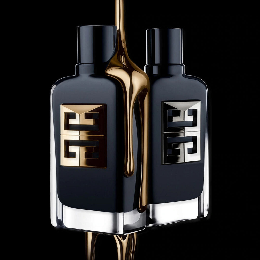 Refect Beauty Givenchy Gentleman Society Eau de Parfum bottles with gold liquid dripping over black glass design