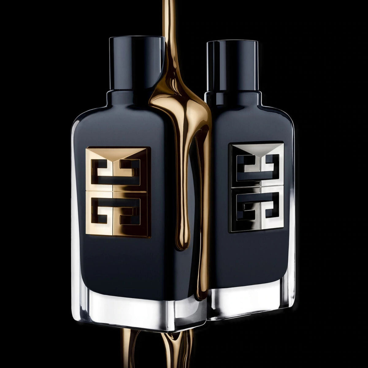 Refect Beauty Givenchy Gentleman Society Eau de Parfum bottles with gold liquid dripping over black glass design