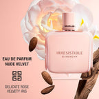 Refect Beauty Givenchy Irresistible Nude Velvet perfume bottle with rose, iris, and almond accents on a soft pink background